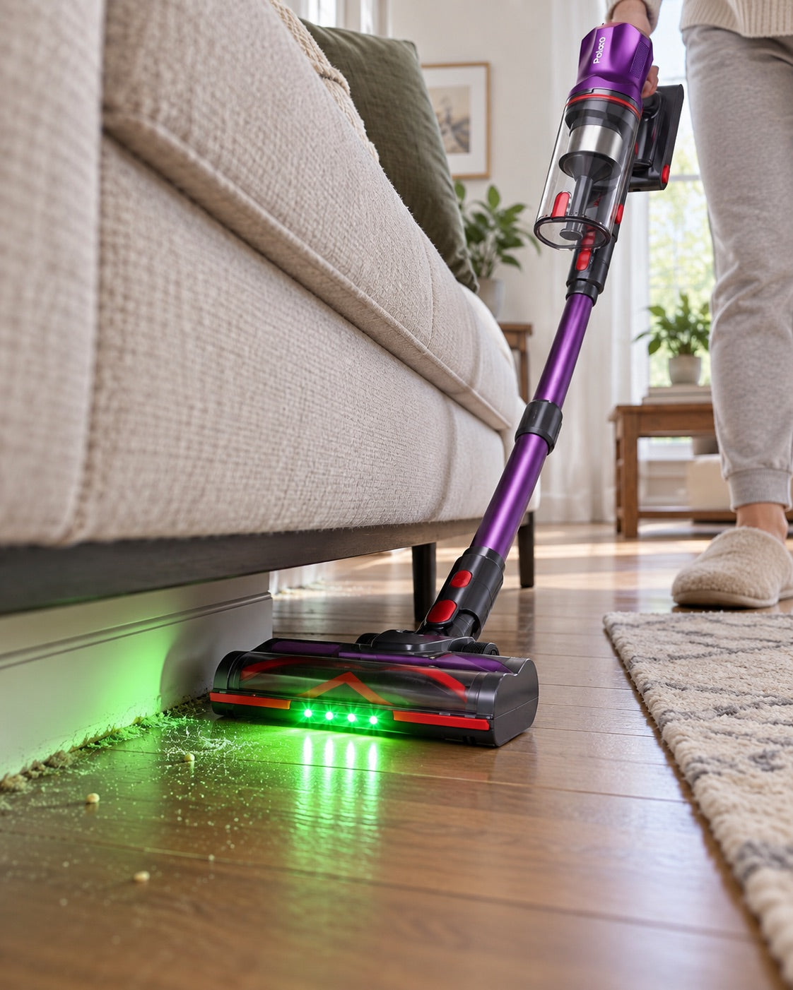 Polaro V16 reinigt Staub unter dem Sofa mit grünem LED-Licht