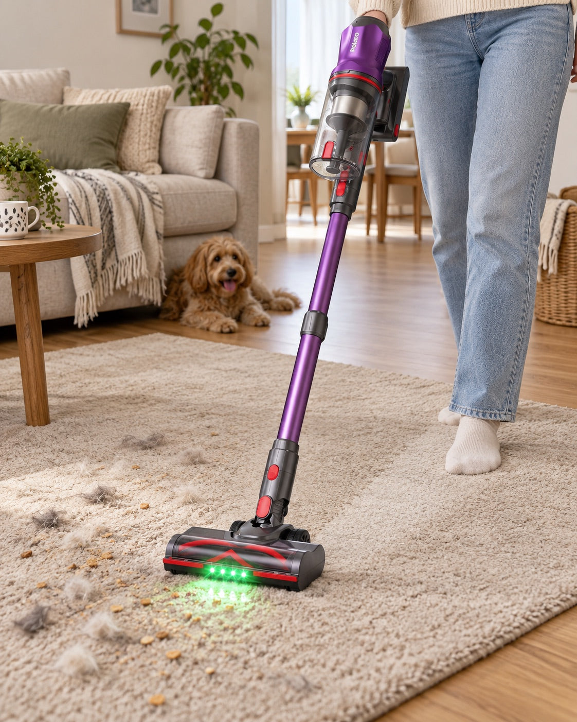 Polaro V16 cleaning pet hair from a living-room rug
