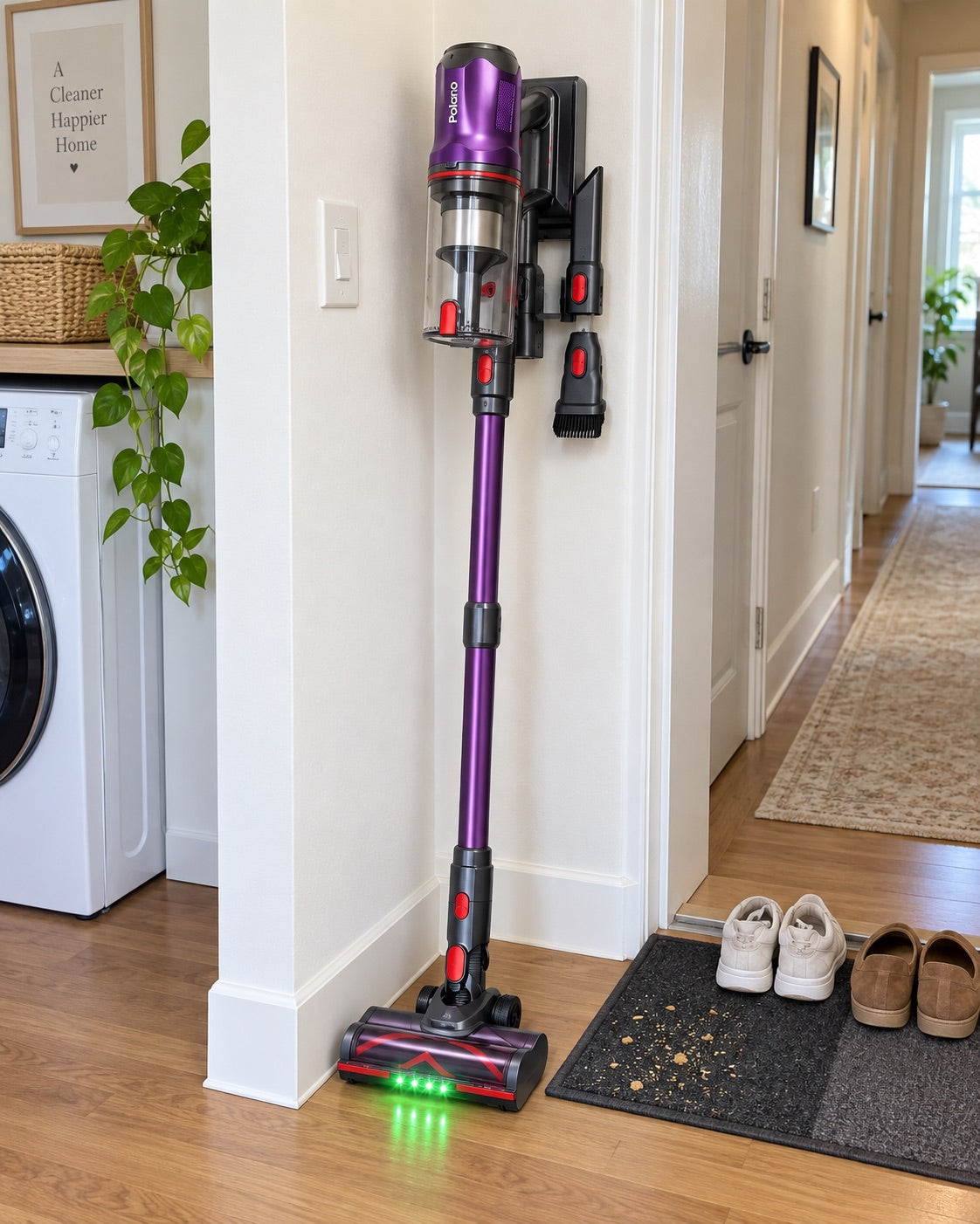 Polaro V16 on its wall mount with accessories in a hallway