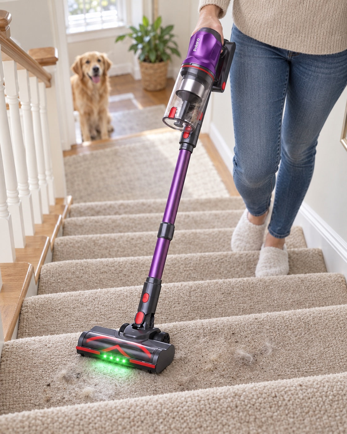 Polaro V16 cleaning carpeted stairs with pet hair